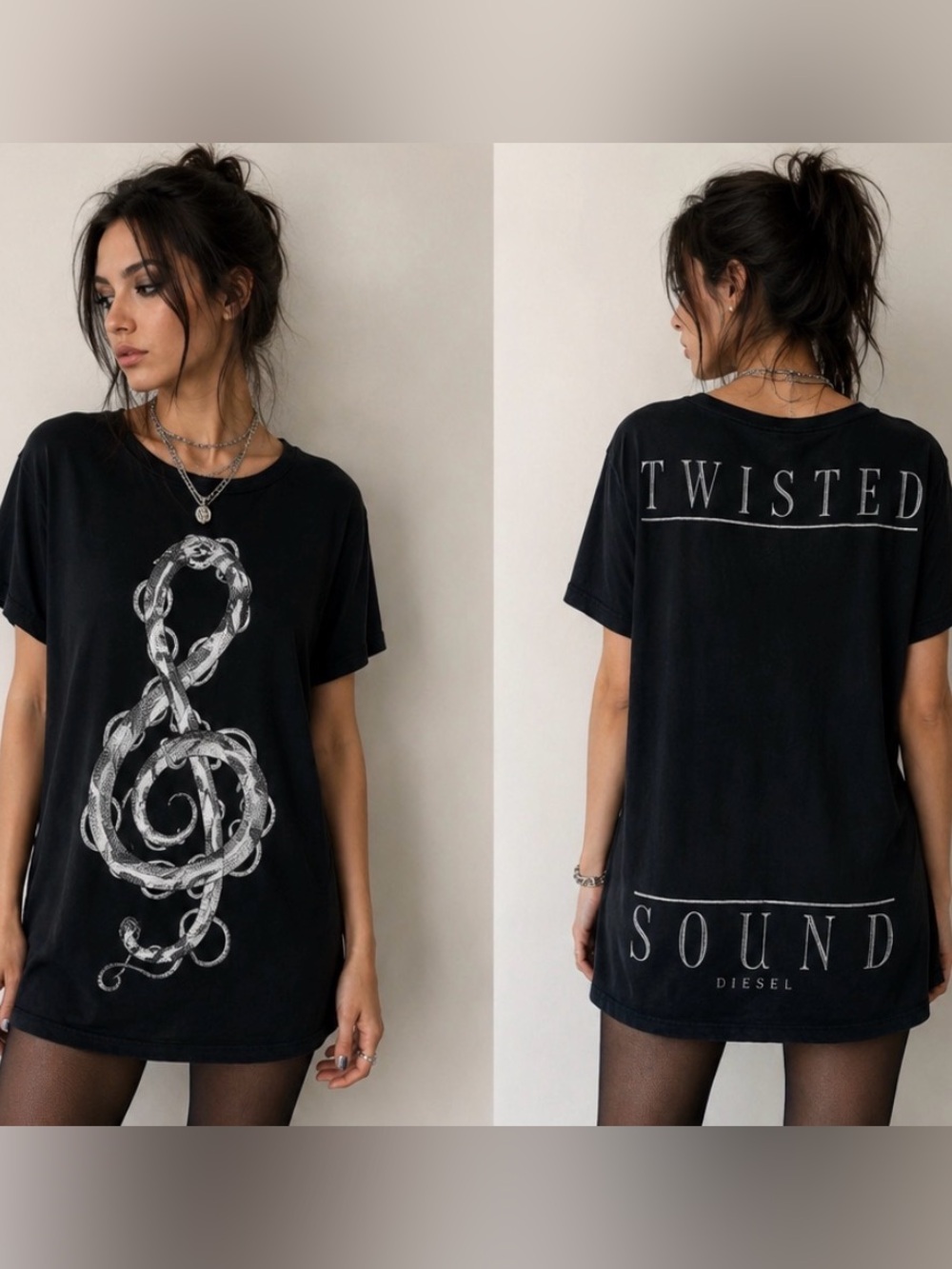 Diesel Snake Treble Clef Graphic Tee Tunic Top M Indie Rocker Sleaze Grunge Y2K